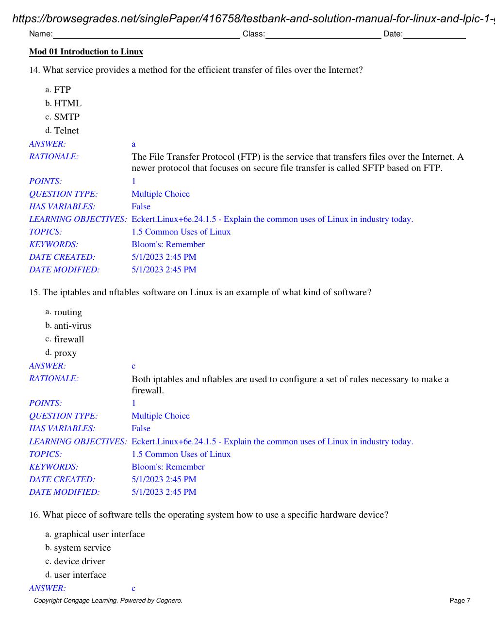 Preview page 8 of Test Bank & Solution Manual for Linux and Lpic - 1 Guide to Linux Certification 6th Edition By Jason Eckert Stamped