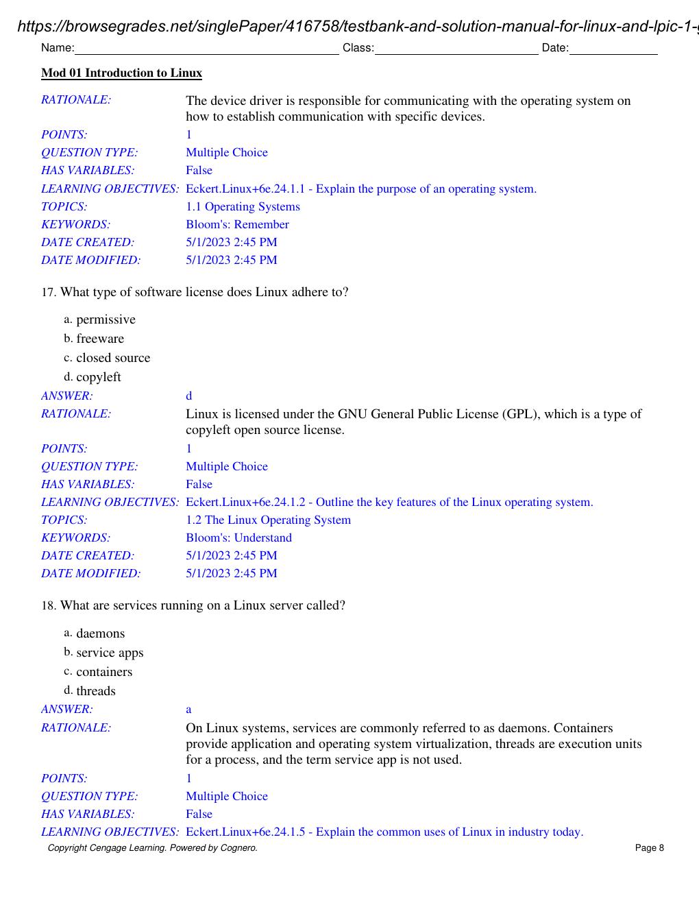 Preview page 9 of Test Bank & Solution Manual for Linux and Lpic - 1 Guide to Linux Certification 6th Edition By Jason Eckert Stamped