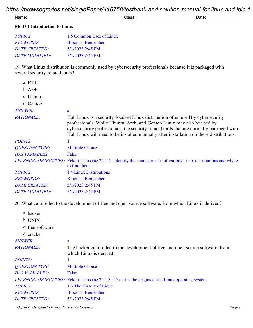 Preview page 10 of Test Bank & Solution Manual for Linux and Lpic - 1 Guide to Linux Certification 6th Edition By Jason Eckert Stamped