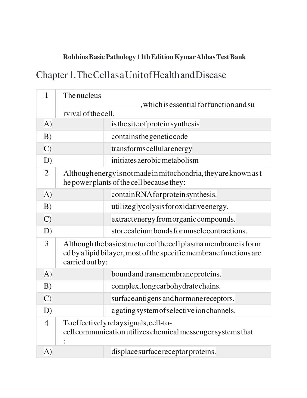 Preview page 4 of Test Bank for Robbins Basic Pathology  11th Edition  by Vinay Kumar, Abul K. Abba  Chapters 1 - 24