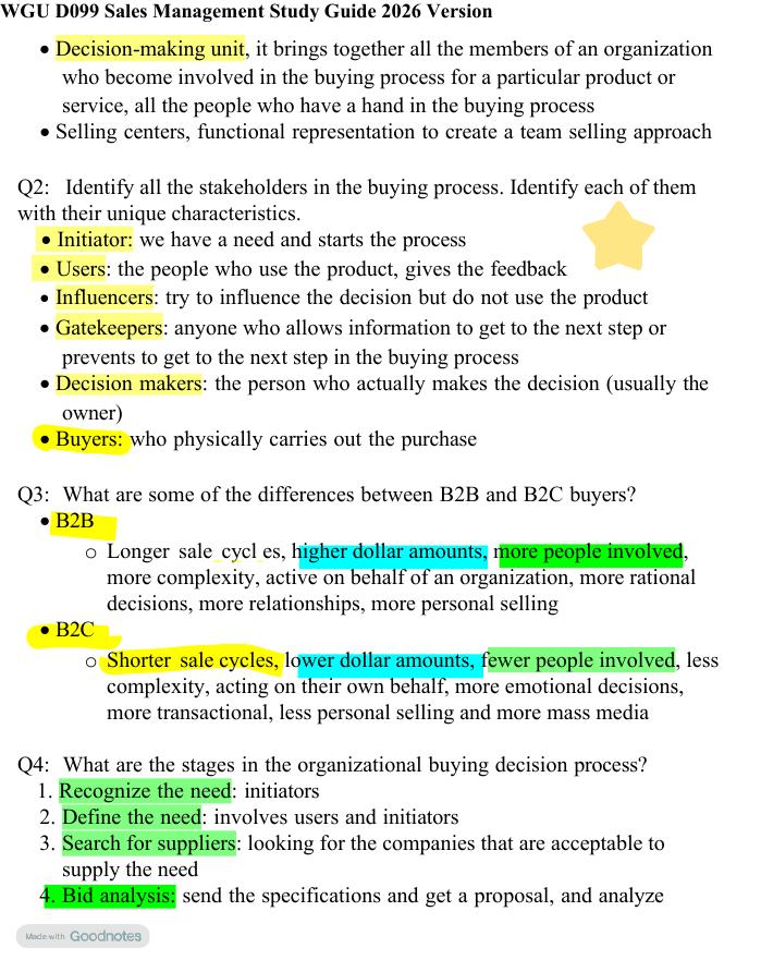 Preview page 5 of WGU D099 Sales Management Study Guide 2026 Version! 100% CORRECT ANSWERS ALREADY RATED A+