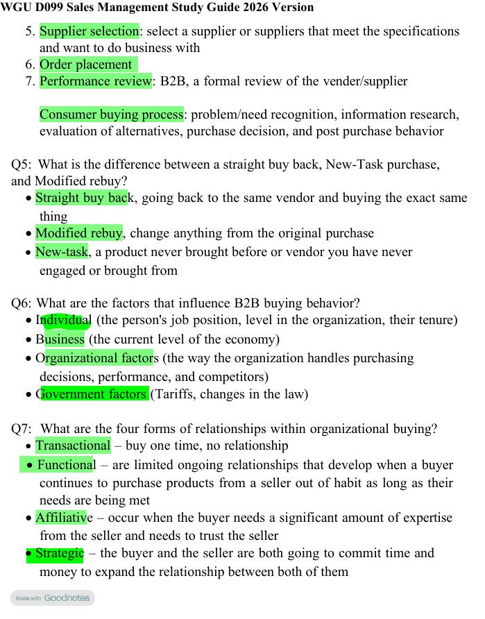 Preview page 6 of WGU D099 Sales Management Study Guide 2026 Version! 100% CORRECT ANSWERS ALREADY RATED A+