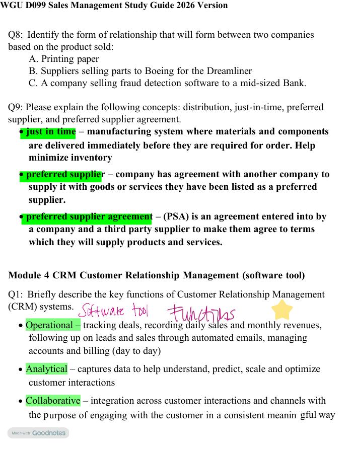 Preview page 7 of WGU D099 Sales Management Study Guide 2026 Version! 100% CORRECT ANSWERS ALREADY RATED A+