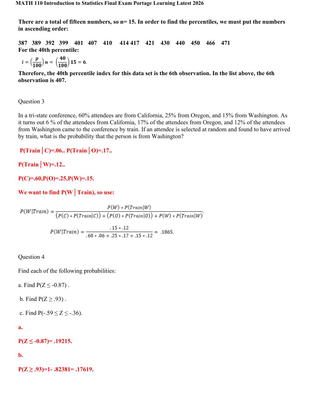 Preview page 2 of MATH 110 Introduction to Statistics Final Exam Portage Learning  Latest 2026! 100% CORRECT ANSWERS ALREADY RATED A+