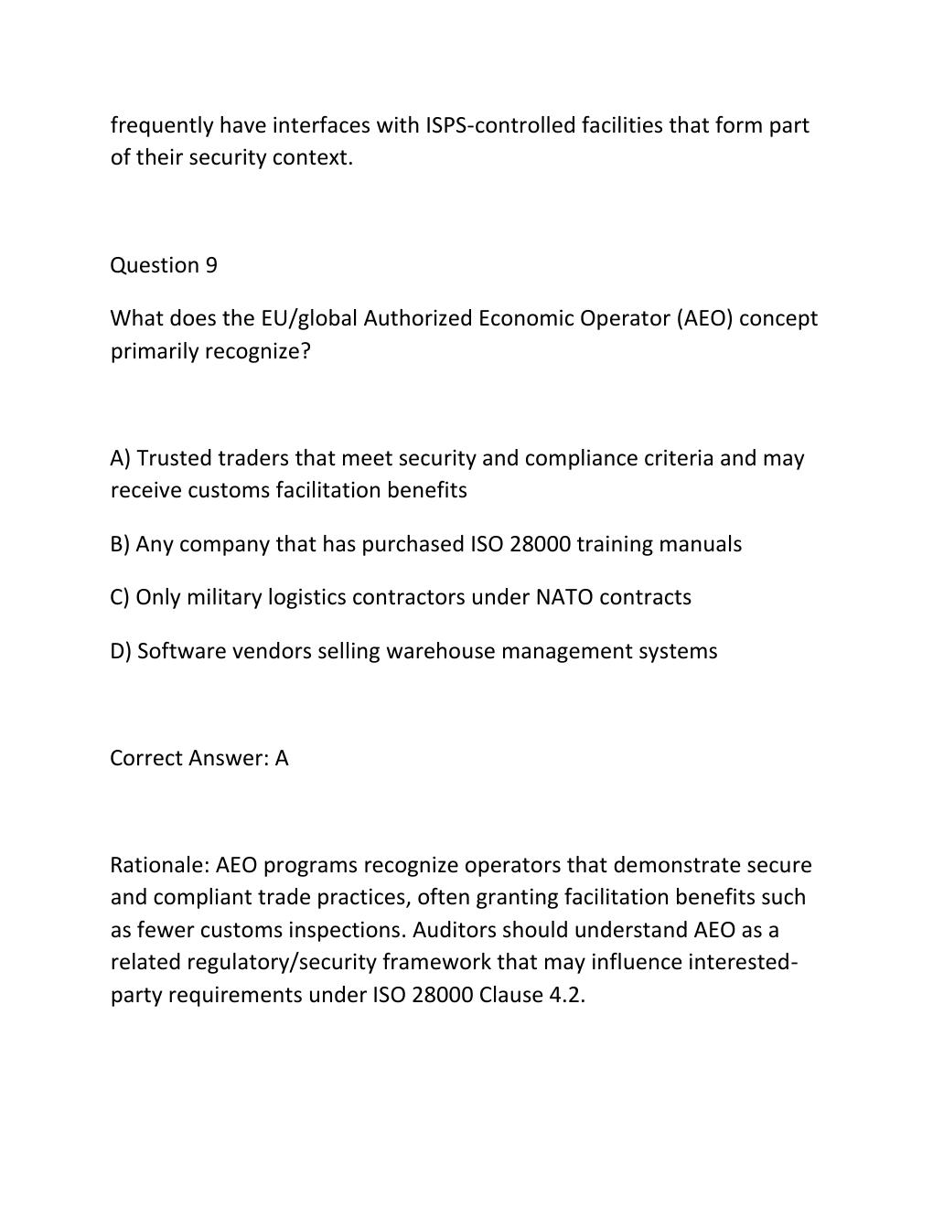 Preview page 8 of Iso 28000 supply chain security management systems lead auditor certification practice examination questions and correct