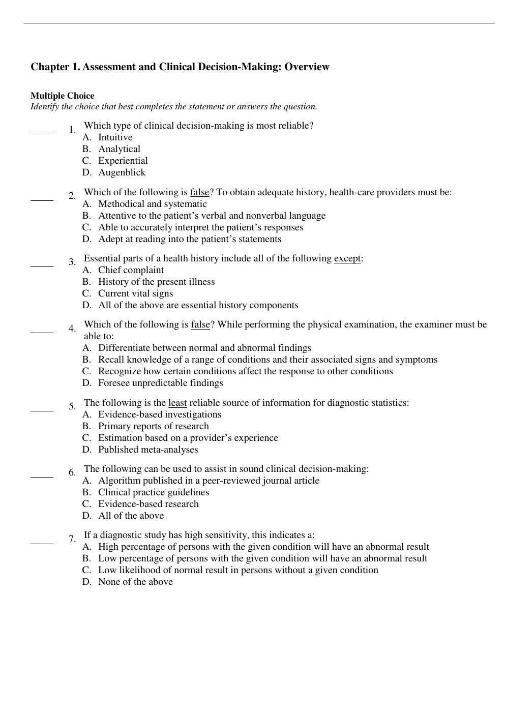 Preview page 2 of TEST BANK FOR ADVANCED ASSESSMENT INTERPRETING FINDINGS AND FORMULATING DIFFERENTIAL DIAGNOSES 5th Edition Mary Jo Gools