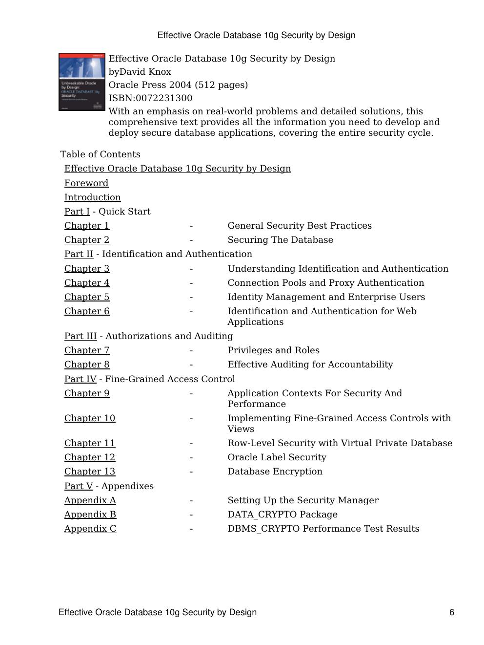Preview page 6 of Effective Oracle Database 10g Security by Design 1st Edition By David Knox