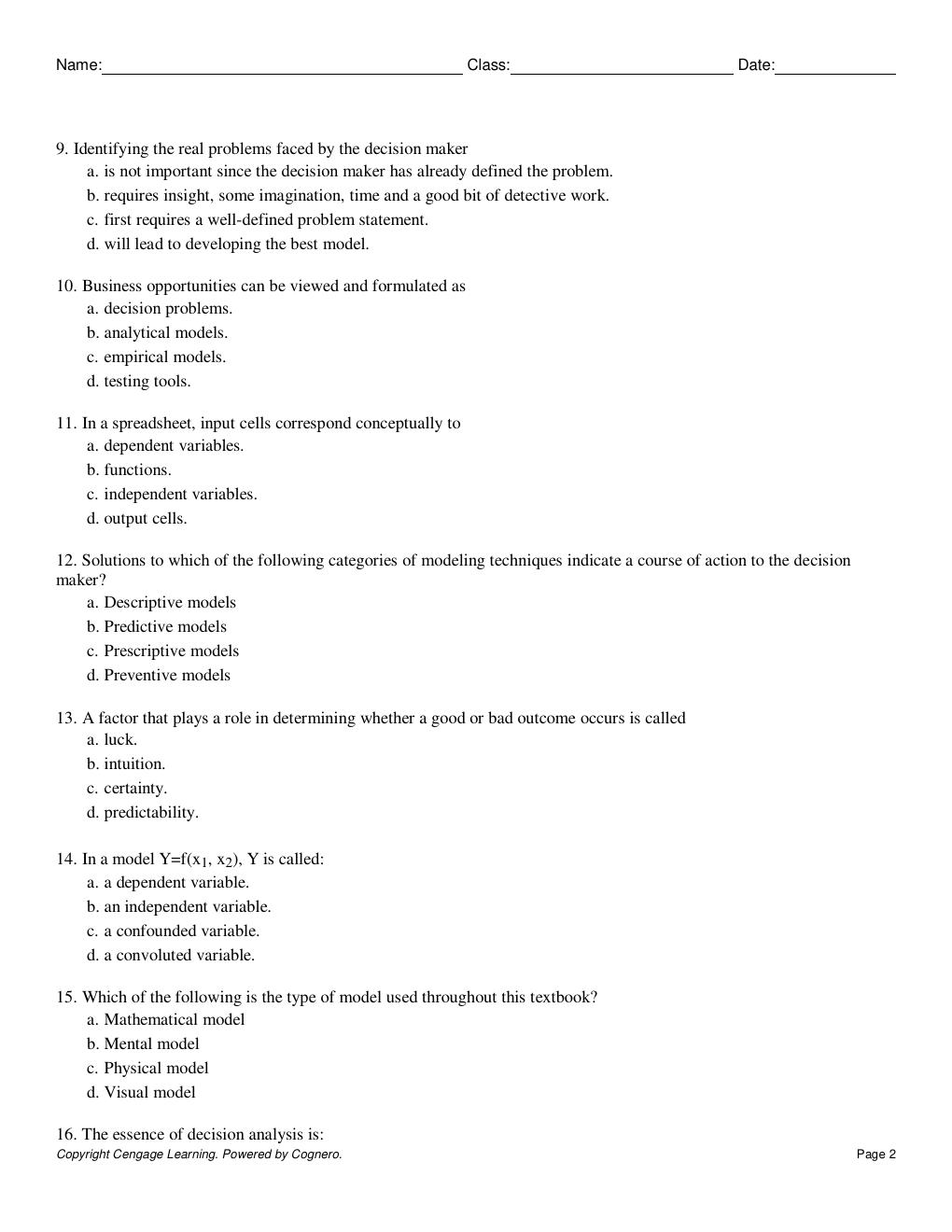 Preview page 2 of TEST BANK FOR  Spreadsheet Modeling And Decision Analysis A Practical Introduction To Business Analytics 9th Edition Cli
