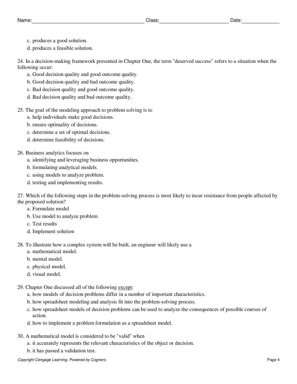 Preview page 4 of TEST BANK FOR  Spreadsheet Modeling And Decision Analysis A Practical Introduction To Business Analytics 9th Edition Cli