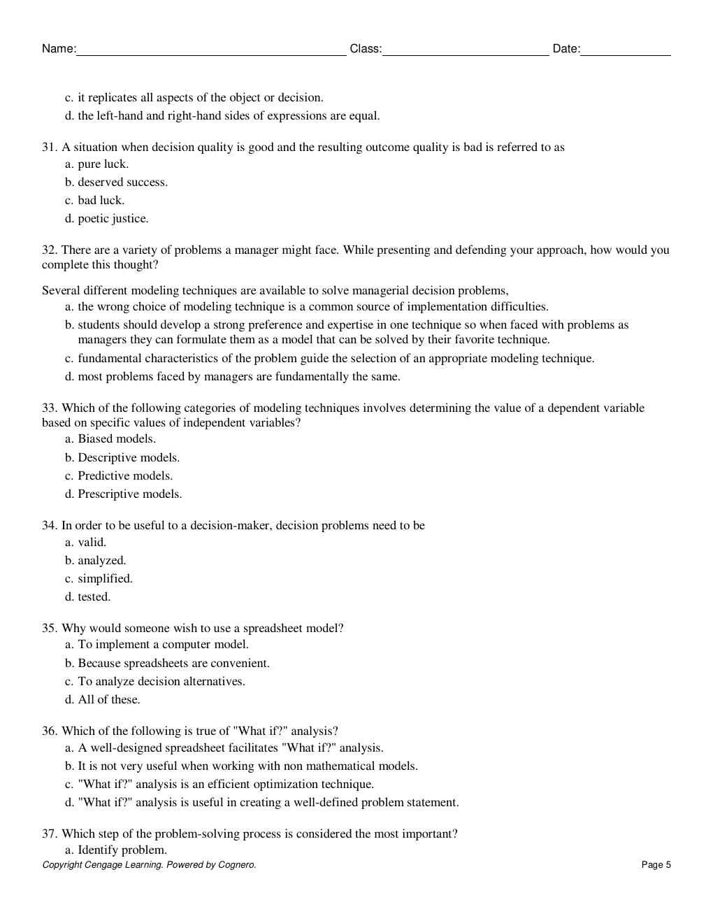 Preview page 5 of TEST BANK FOR  Spreadsheet Modeling And Decision Analysis A Practical Introduction To Business Analytics 9th Edition Cli