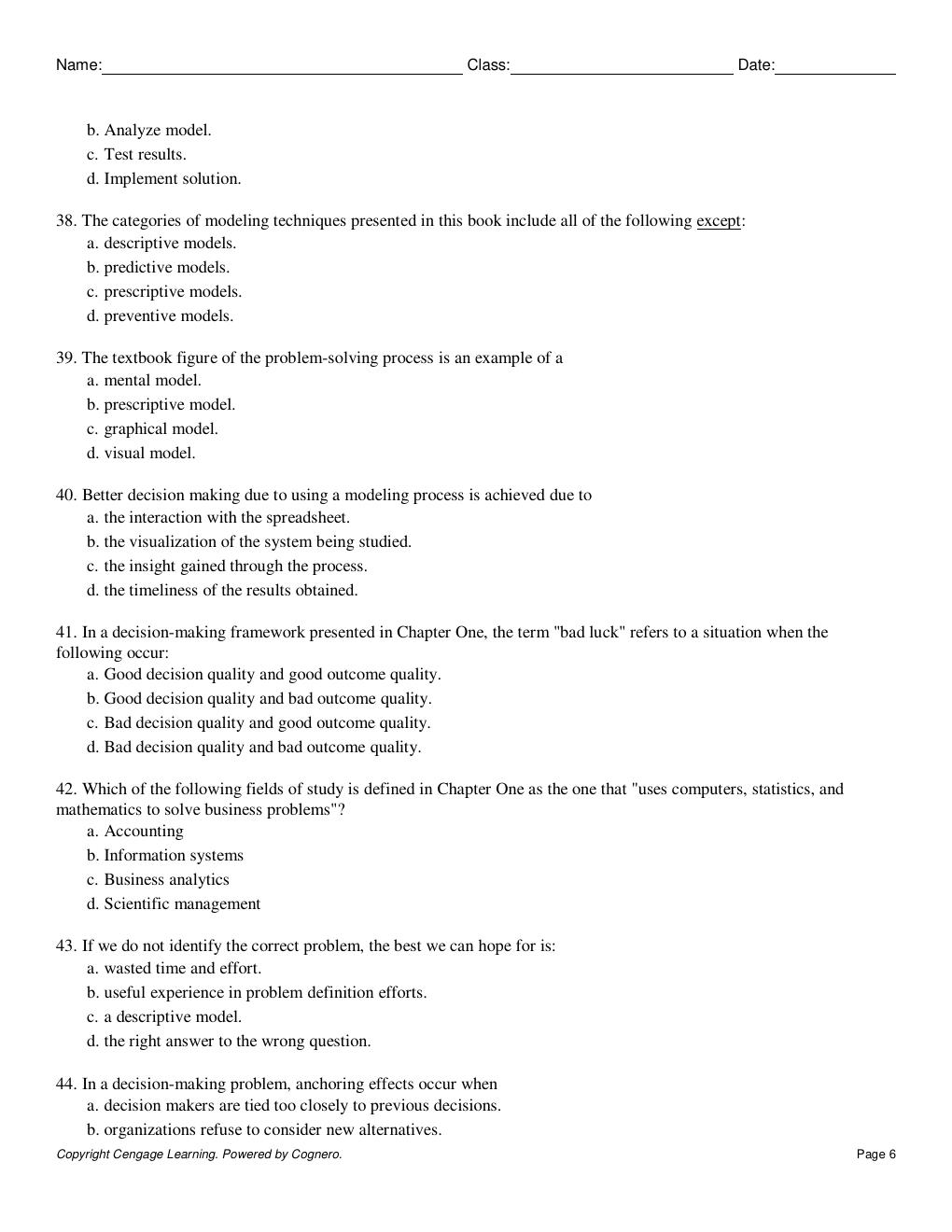 Preview page 6 of TEST BANK FOR  Spreadsheet Modeling And Decision Analysis A Practical Introduction To Business Analytics 9th Edition Cli