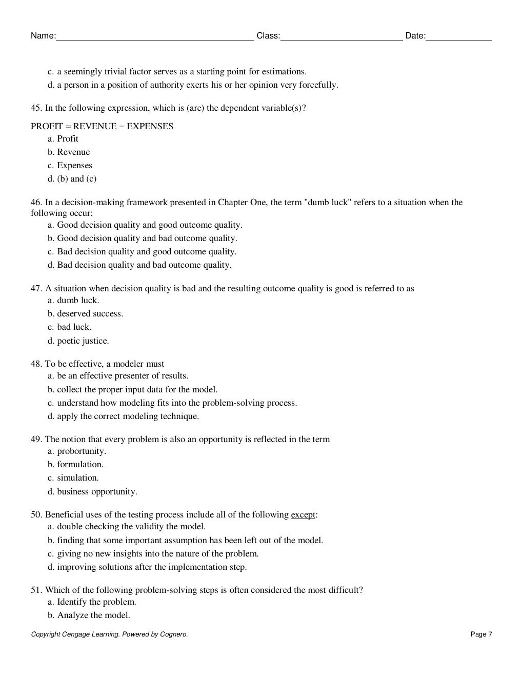 Preview page 7 of TEST BANK FOR  Spreadsheet Modeling And Decision Analysis A Practical Introduction To Business Analytics 9th Edition Cli