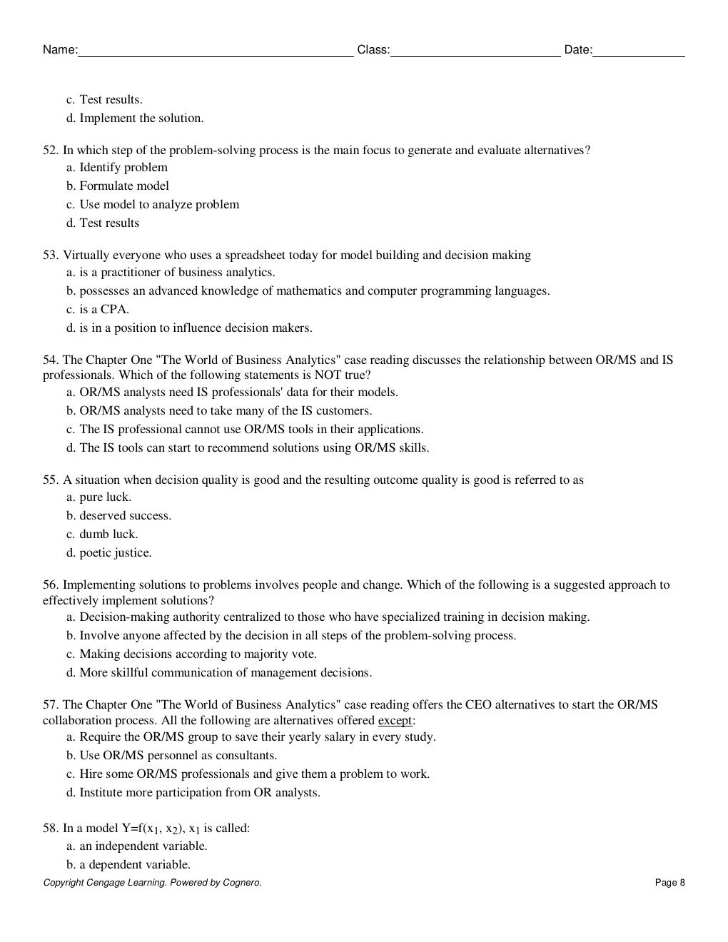 Preview page 8 of TEST BANK FOR  Spreadsheet Modeling And Decision Analysis A Practical Introduction To Business Analytics 9th Edition Cli