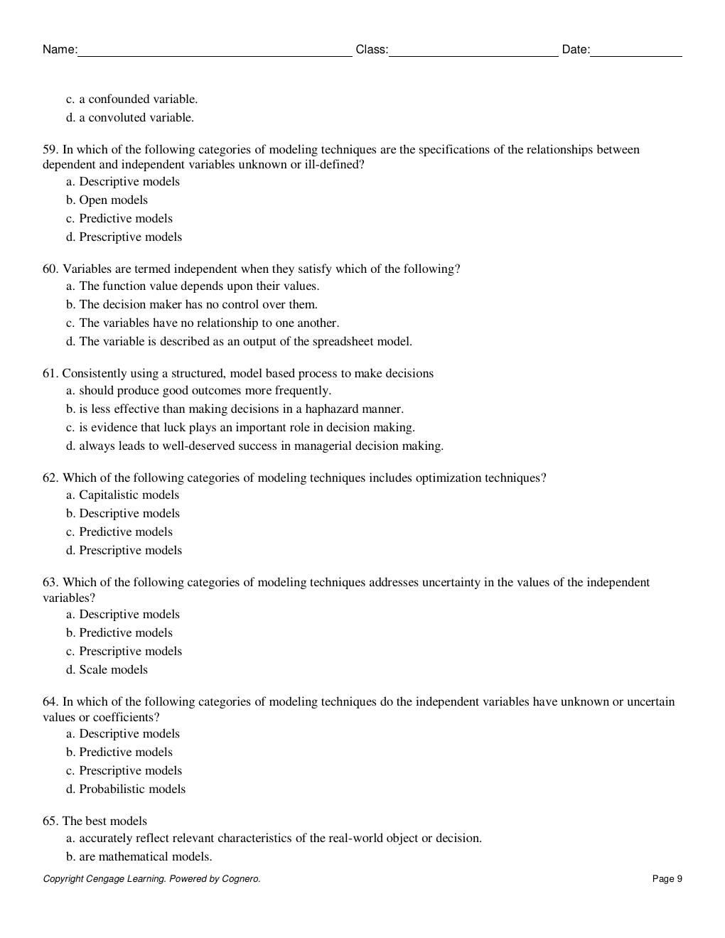 Preview page 9 of TEST BANK FOR  Spreadsheet Modeling And Decision Analysis A Practical Introduction To Business Analytics 9th Edition Cli
