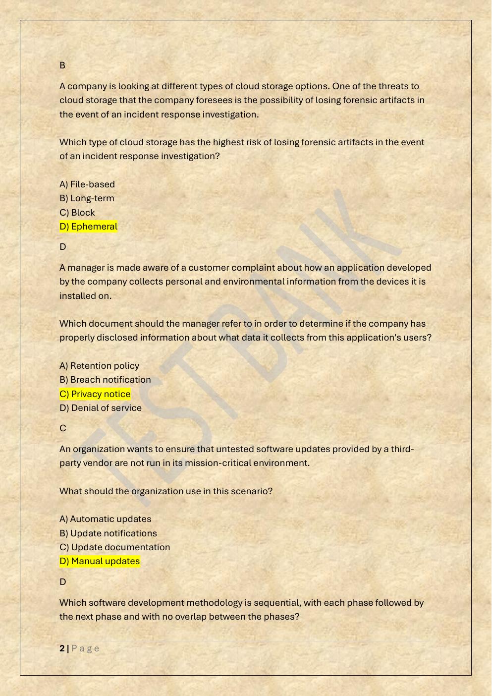 Preview page 2 of MANAGING CLOUD SECURITY D320 OA AND  PA TEST BANK 1 /WGU D320 MANAGING  CLOUD SECURITY EXAM