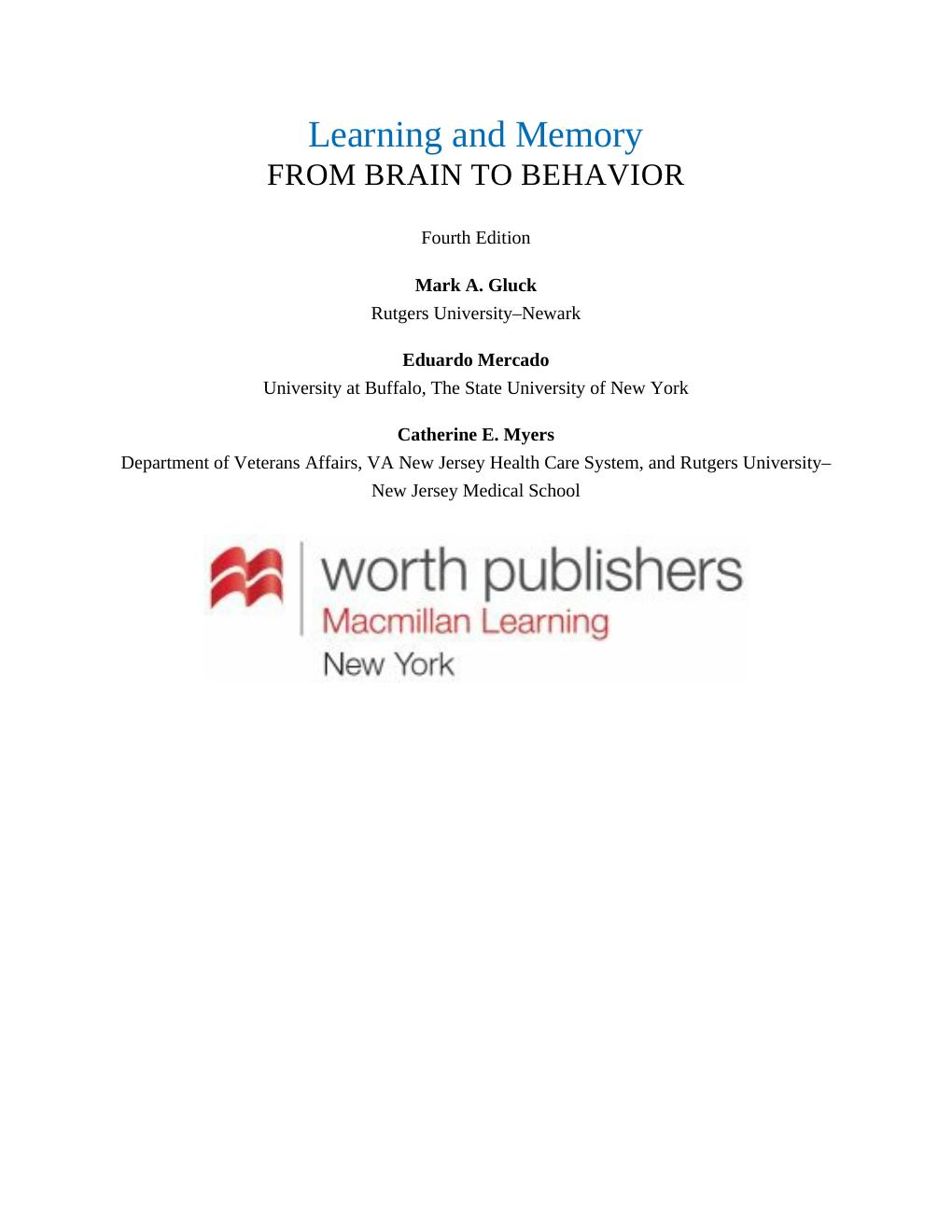 Preview page 3 of Learning and memory from brain to behavior 4th Edition By  Mark A Gluck, Eduardo Mercado, Catherine E Myers