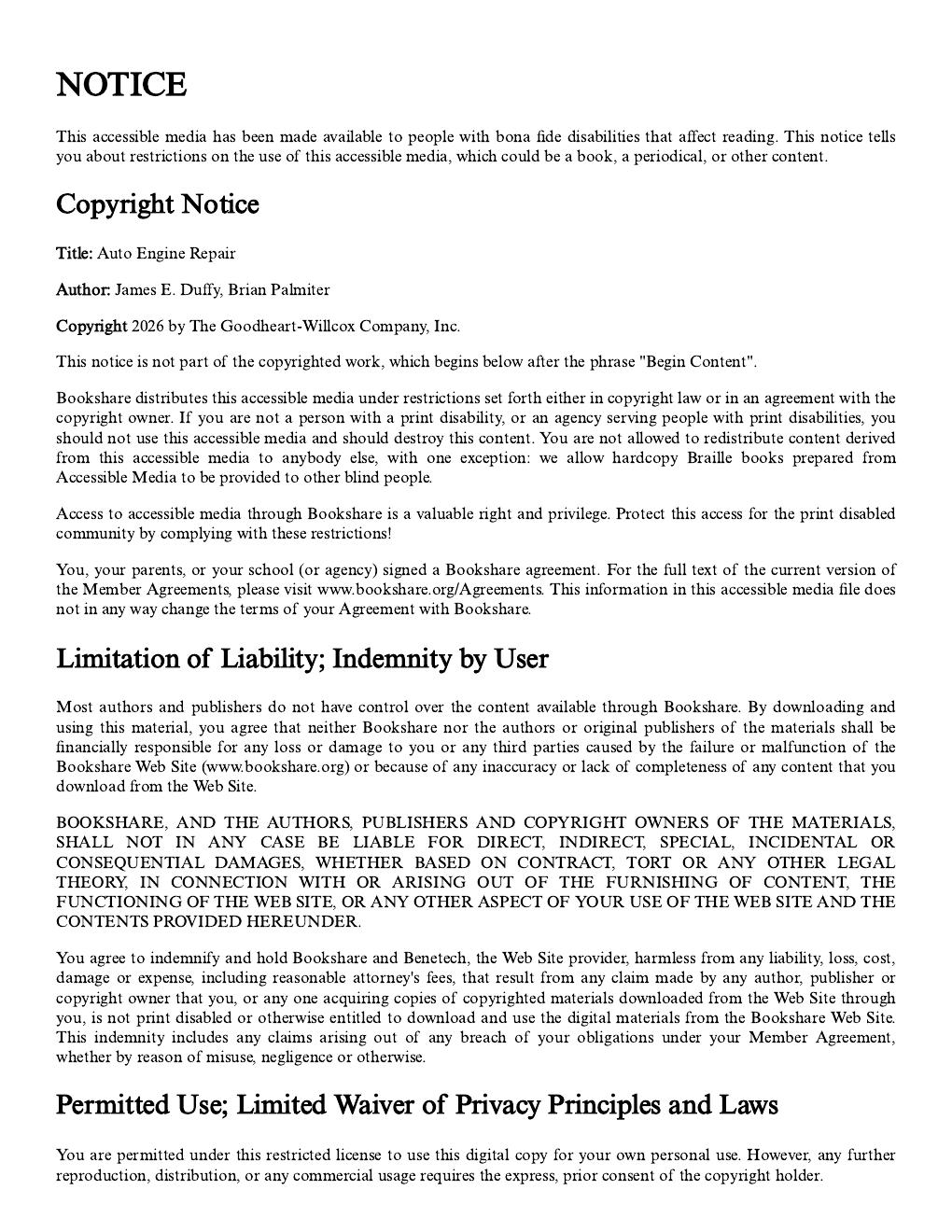 Preview page 2 of Auto Engine Repair 8th Edition By James Duffy, Brian Palmiter