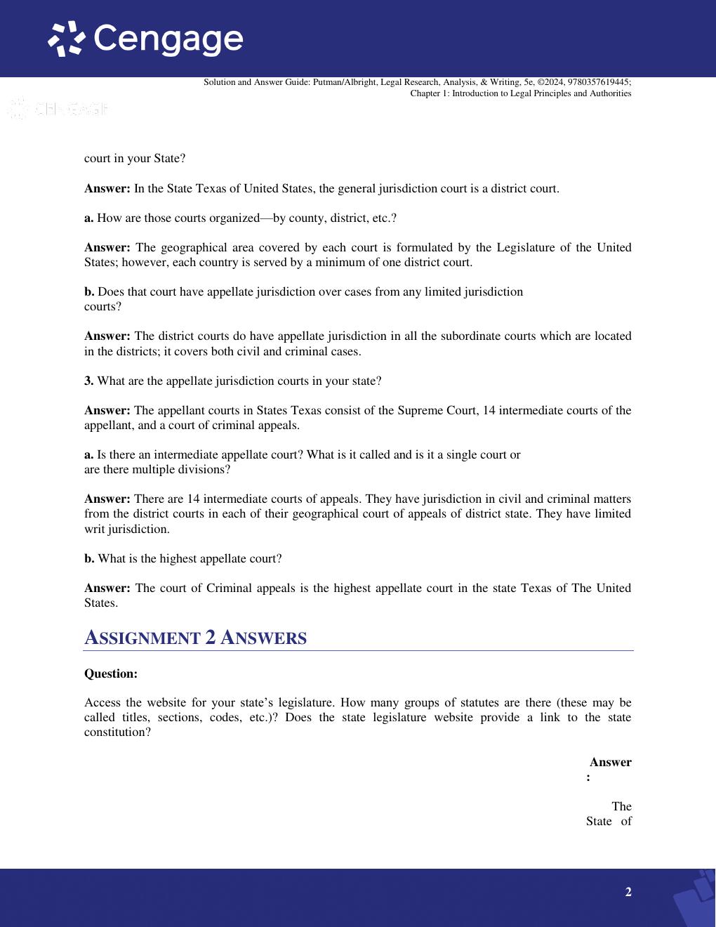 Preview page 2 of Solution and Answer Guide For LEGAL RESEARCH, ANALYSIS, & WRITING, 5th Edition By PUTMAN/ALBRIGHT} 9780357619445;