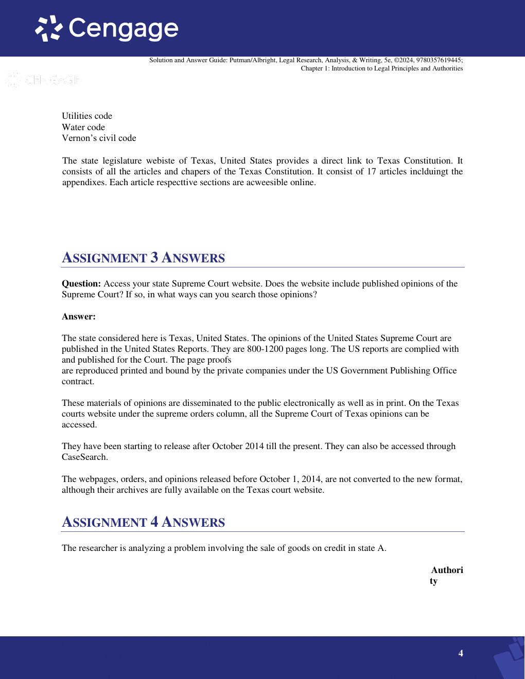 Preview page 4 of Solution and Answer Guide For LEGAL RESEARCH, ANALYSIS, & WRITING, 5th Edition By PUTMAN/ALBRIGHT} 9780357619445;
