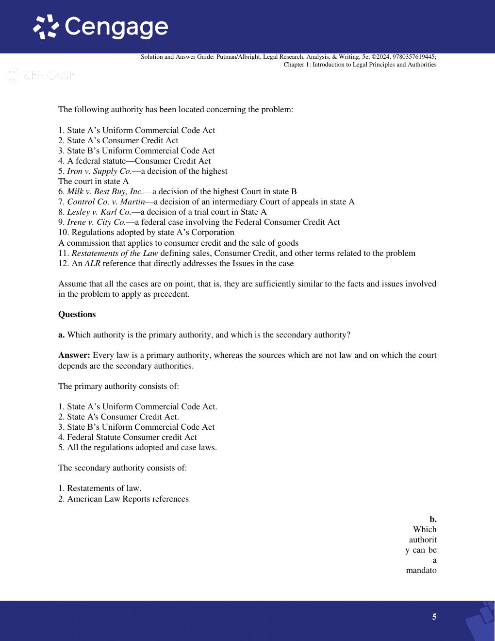 Preview page 5 of Solution and Answer Guide For LEGAL RESEARCH, ANALYSIS, & WRITING, 5th Edition By PUTMAN/ALBRIGHT} 9780357619445;
