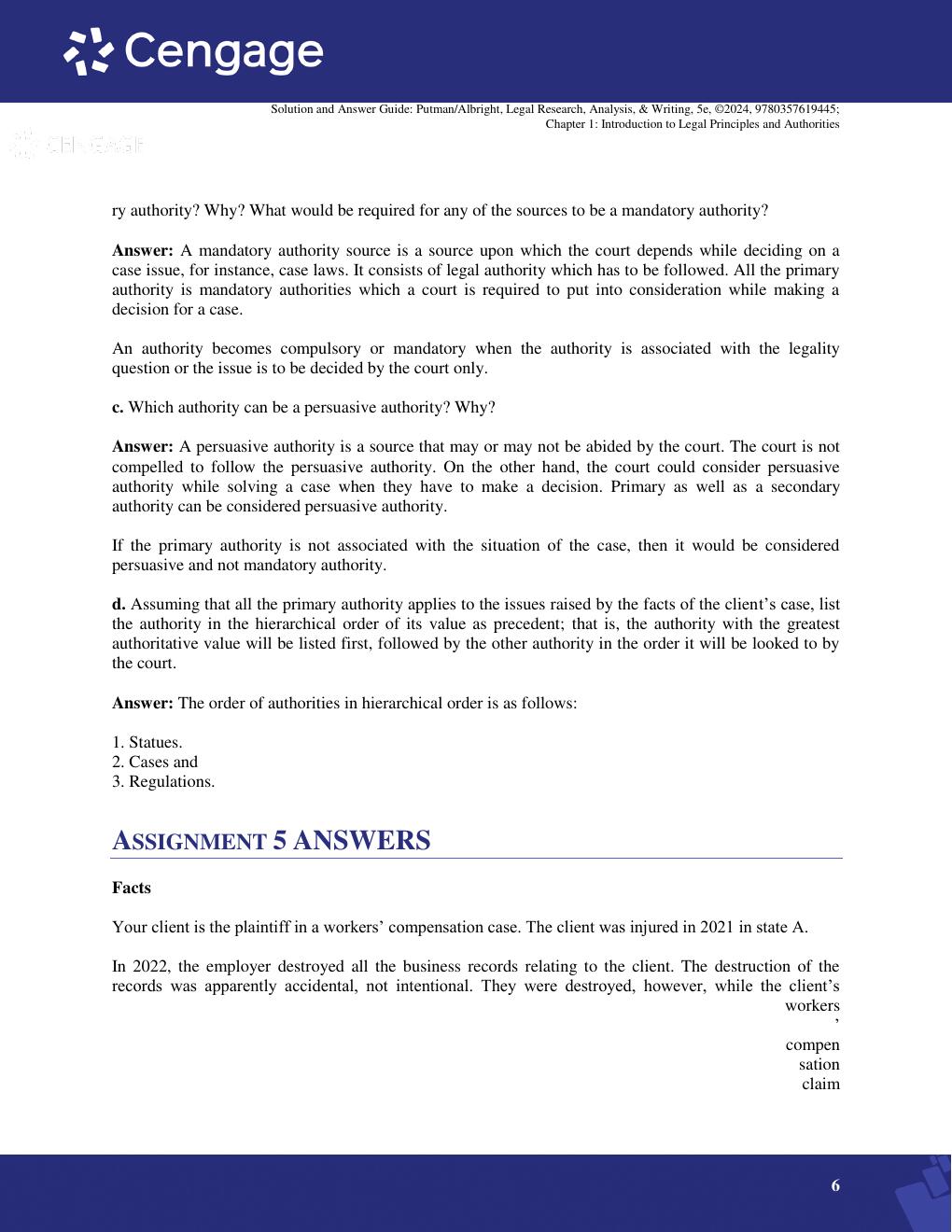 Preview page 6 of Solution and Answer Guide For LEGAL RESEARCH, ANALYSIS, & WRITING, 5th Edition By PUTMAN/ALBRIGHT} 9780357619445;