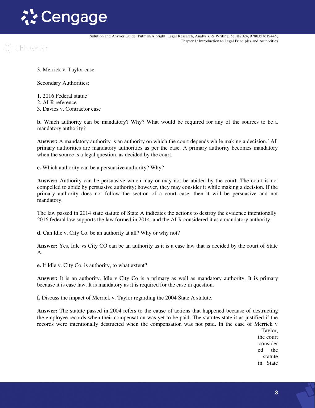Preview page 8 of Solution and Answer Guide For LEGAL RESEARCH, ANALYSIS, & WRITING, 5th Edition By PUTMAN/ALBRIGHT} 9780357619445;