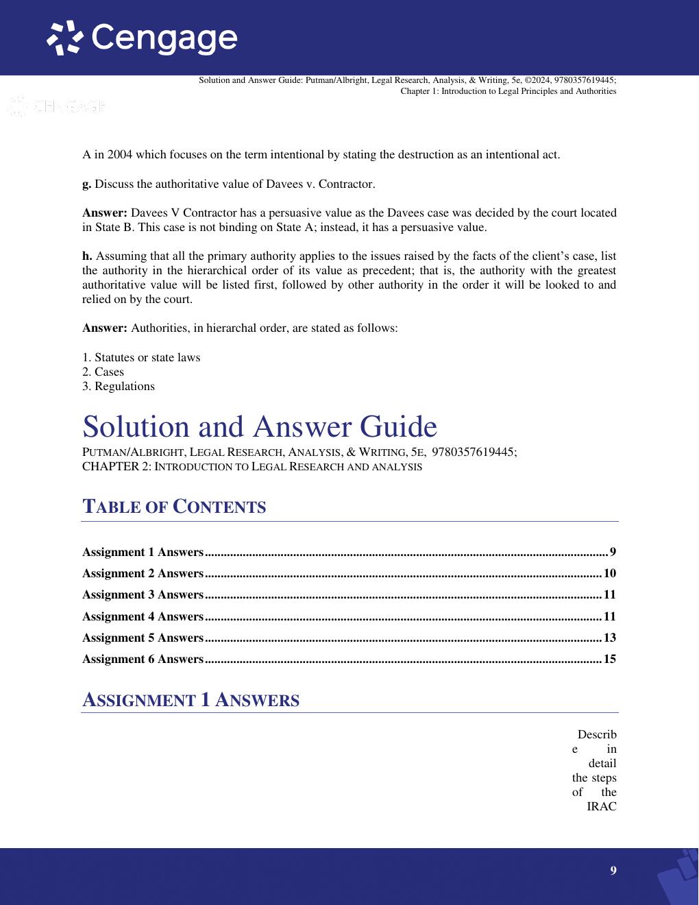 Preview page 9 of Solution and Answer Guide For LEGAL RESEARCH, ANALYSIS, & WRITING, 5th Edition By PUTMAN/ALBRIGHT} 9780357619445;