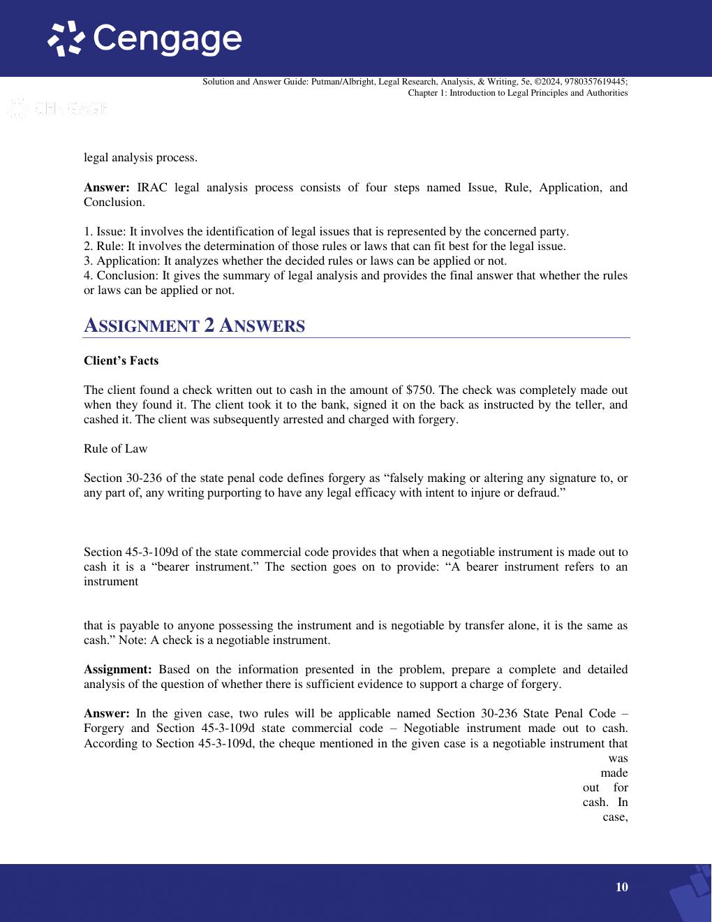 Preview page 10 of Solution and Answer Guide For LEGAL RESEARCH, ANALYSIS, & WRITING, 5th Edition By PUTMAN/ALBRIGHT} 9780357619445;