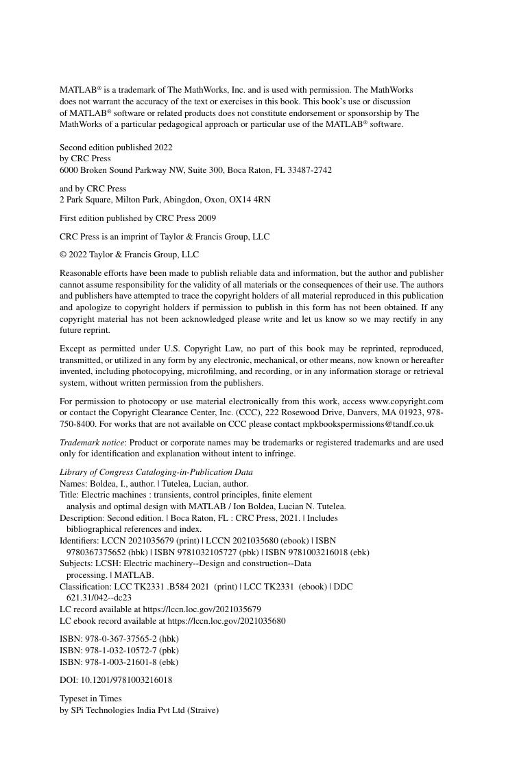 Preview page 5 of Electric Machines Transients, Control Principles, Finite Element Analysis, and Optimal Design with MATLAB® 2nd Edition B