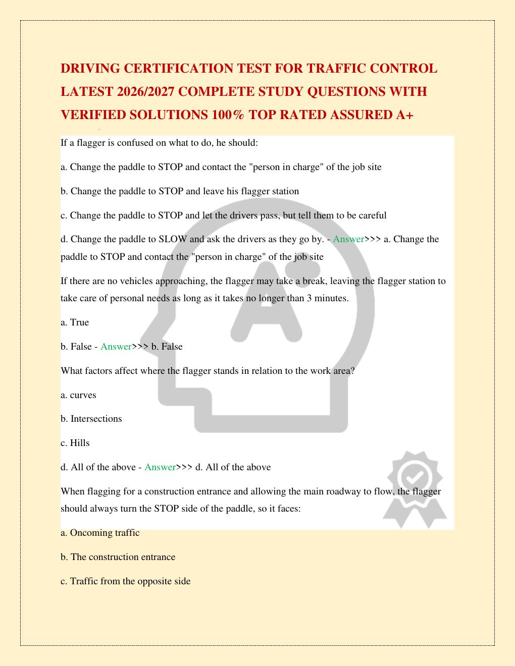 Preview page 2 of DRIVING CERTIFICATION TEST FOR TRAFFIC CONTROL LATEST 2026/2027 COMPLETE STUDY QUESTIONS WITH VERIFIED SOLUTIONS 100% TO