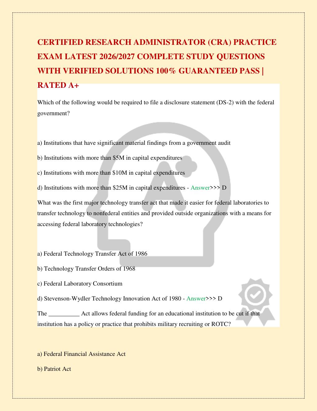 Preview page 2 of CERTIFIED RESEARCH ADMINISTRATOR (CRA) PRACTICE EXAM LATEST 2026/2027 COMPLETE STUDY QUESTIONS WITH VERIFIED SOLUTIONS 1