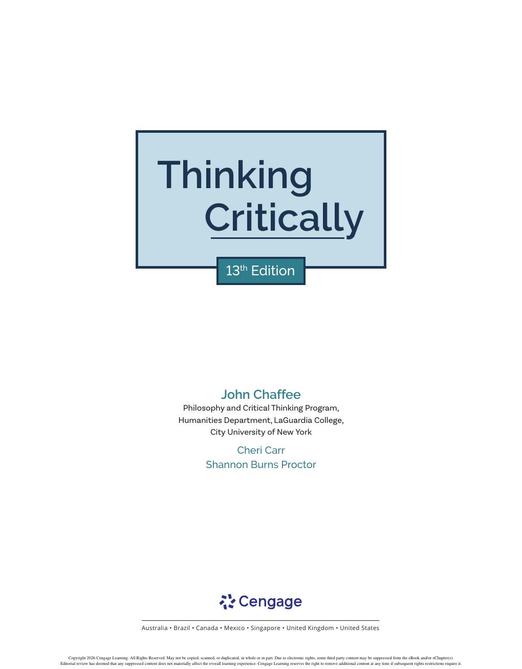 Preview page 2 of Thinking Critically 13th Edition By John Chaffee, Cheri Carr, Shannon Proctor