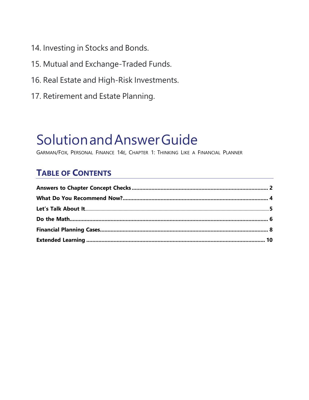 Preview page 3 of SOLUTION MANUAL Personal Finance, 14th Edition By E. Thomas Garman, Chapter 1 - 17
