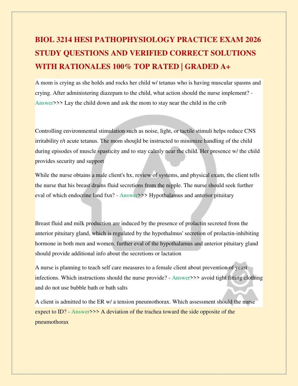 Preview page 2 of BIOL 3214 HESI PATHOPHYSIOLOGY PRACTICE EXAM 2026 STUDY QUESTIONS AND VERIFIED CORRECT SOLUTIONS WITH RATIONALES 100% TO