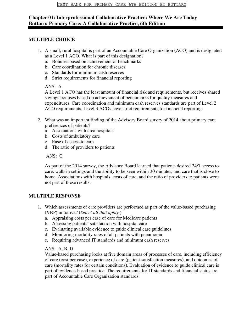 Preview page 2 of Test Bank For PRIMARY CARE INTERPROFESSIONAL  COLLABORATIVE PRECTICE 6TH EDITION BY TERRY MAHAN BUTTARO | ALL  CHAPTERS