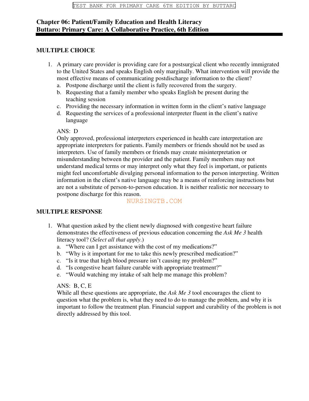 Preview page 8 of Test Bank For PRIMARY CARE INTERPROFESSIONAL  COLLABORATIVE PRECTICE 6TH EDITION BY TERRY MAHAN BUTTARO | ALL  CHAPTERS