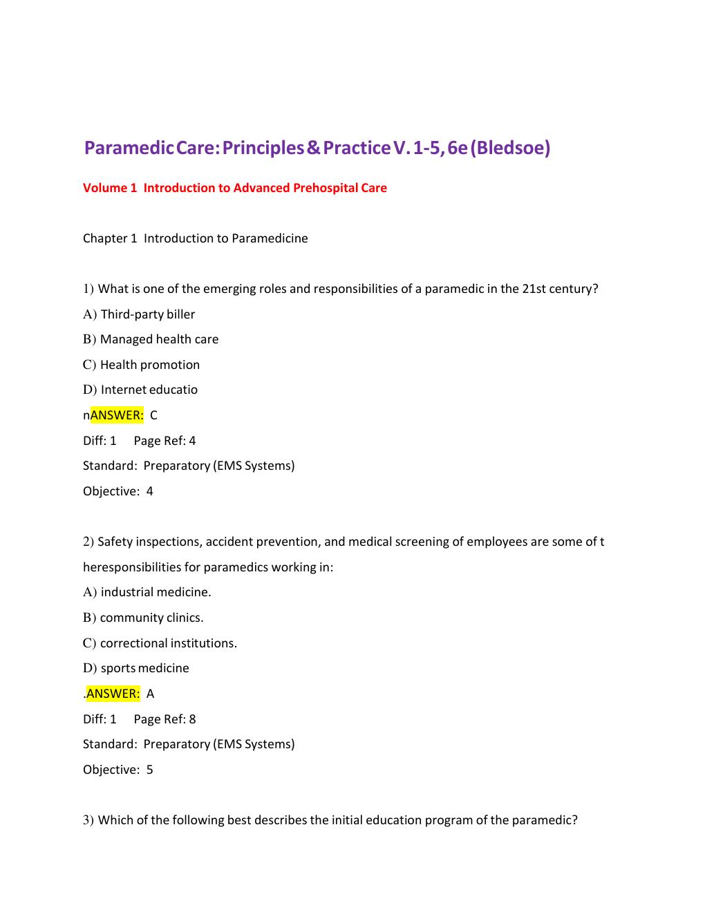 Preview page 3 of TEST BANK FOR Paramedic Care: Principles & Practice 6th Edition, Volume. 1 – 5, by (Bledsoe)