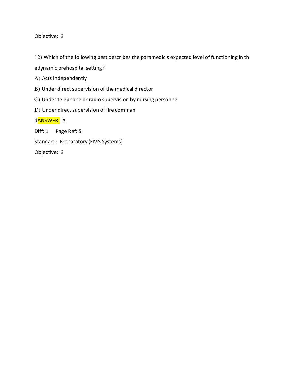 Preview page 8 of TEST BANK FOR Paramedic Care: Principles & Practice 6th Edition, Volume. 1 – 5, by (Bledsoe)