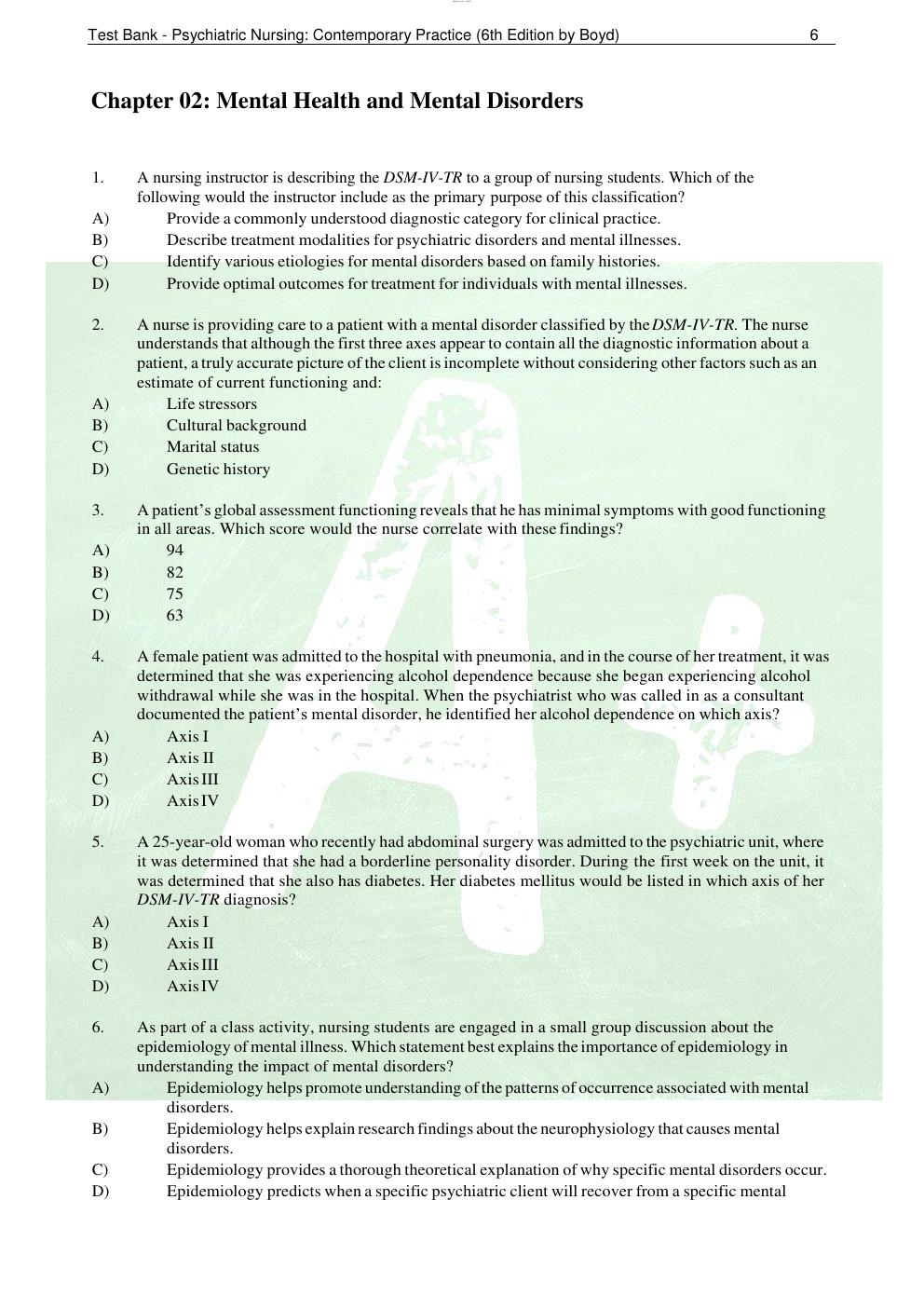 Preview page 7 of Test Bank - Psychiatric Nursing: Contemporary Practice 6th Edition by Boyd