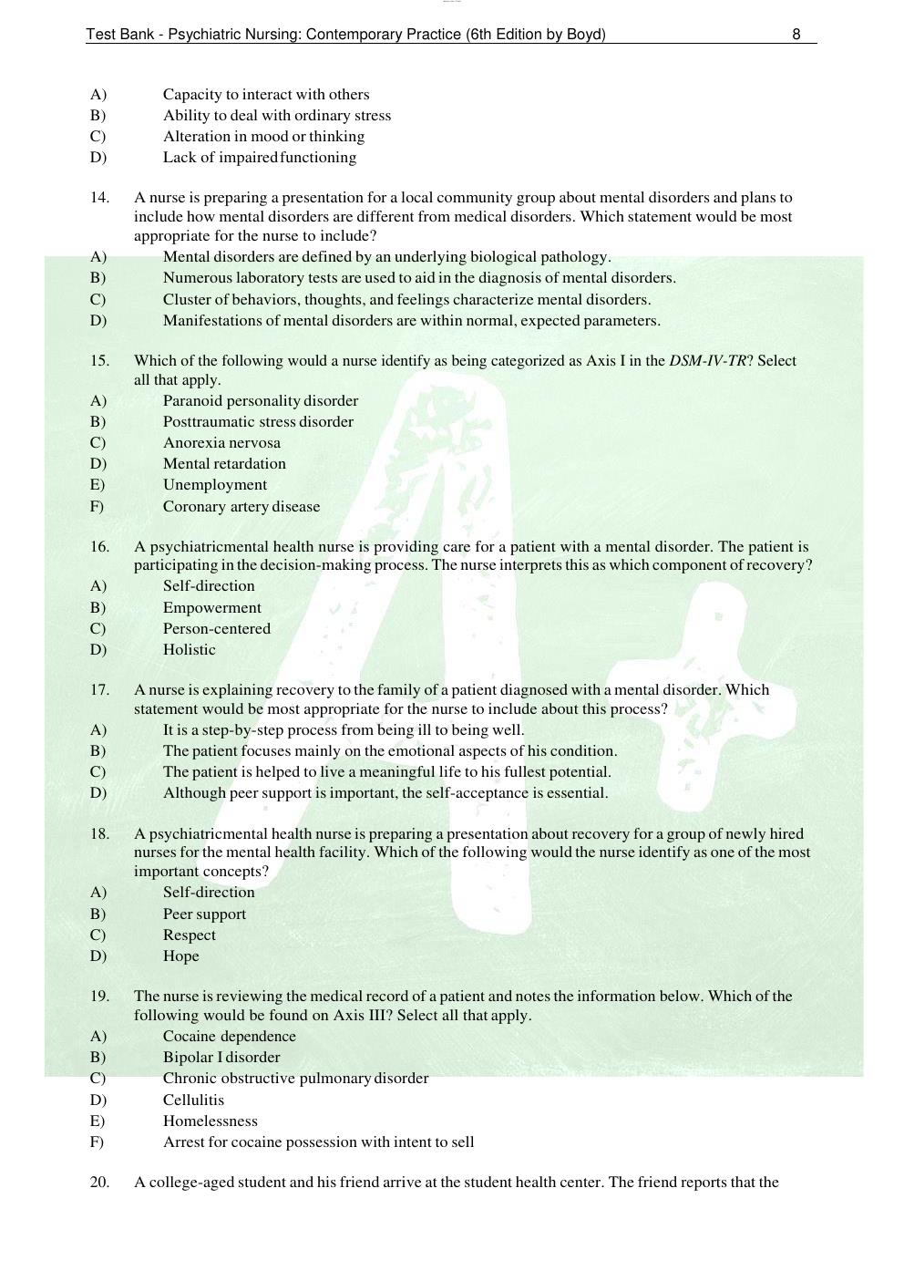 Preview page 9 of Test Bank - Psychiatric Nursing: Contemporary Practice 6th Edition by Boyd