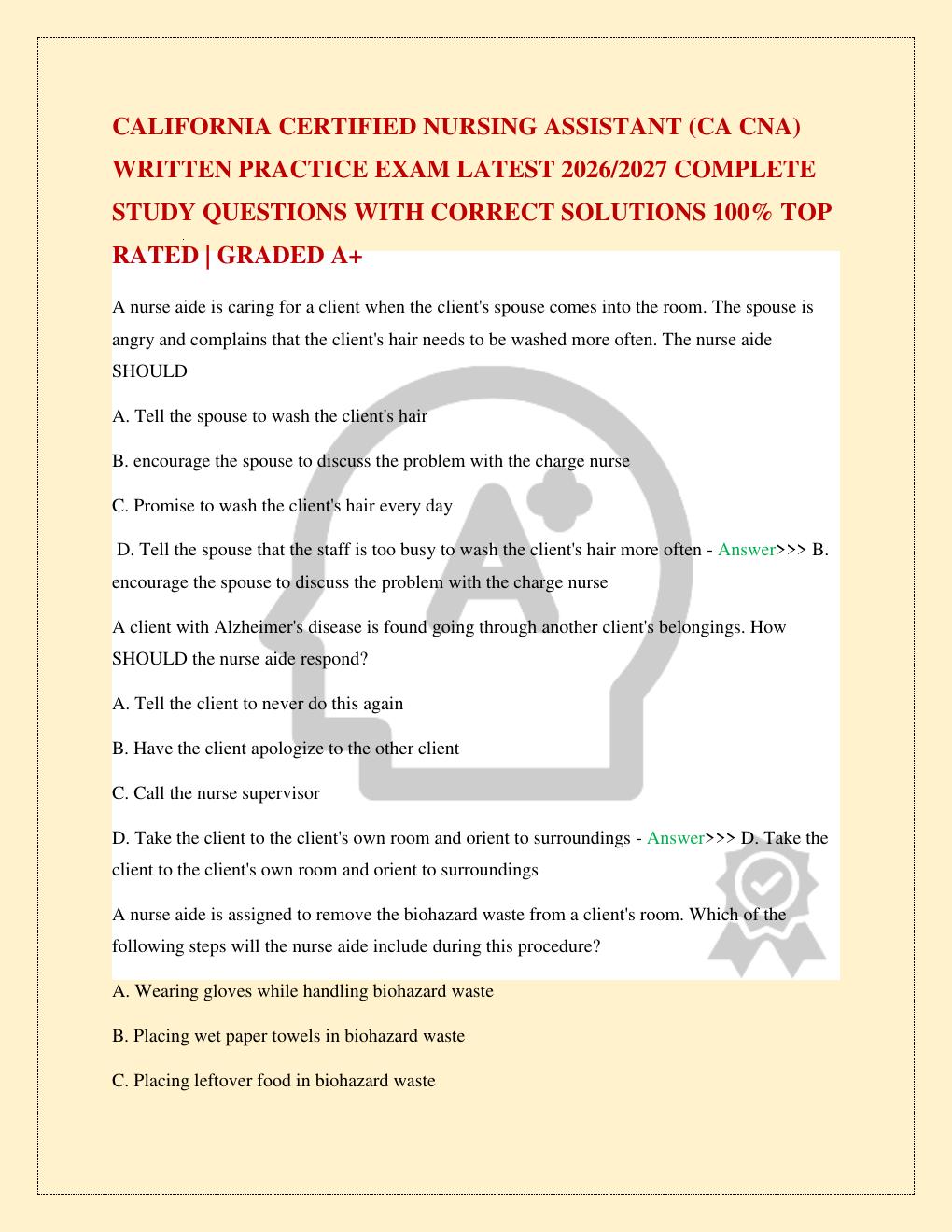 Preview page 2 of CALIFORNIA CERTIFIED NURSING ASSISTANT (CA CNA) WRITTEN PRACTICE EXAM LATEST 2026/2027 COMPLETE STUDY QUESTIONS WITH COR