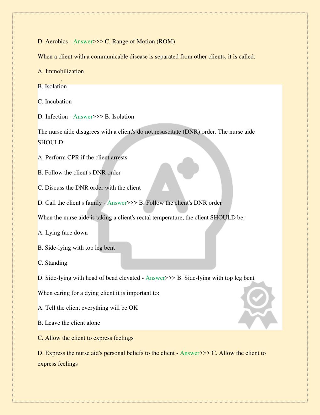 Preview page 5 of CALIFORNIA CERTIFIED NURSING ASSISTANT (CA CNA) WRITTEN PRACTICE EXAM LATEST 2026/2027 COMPLETE STUDY QUESTIONS WITH COR