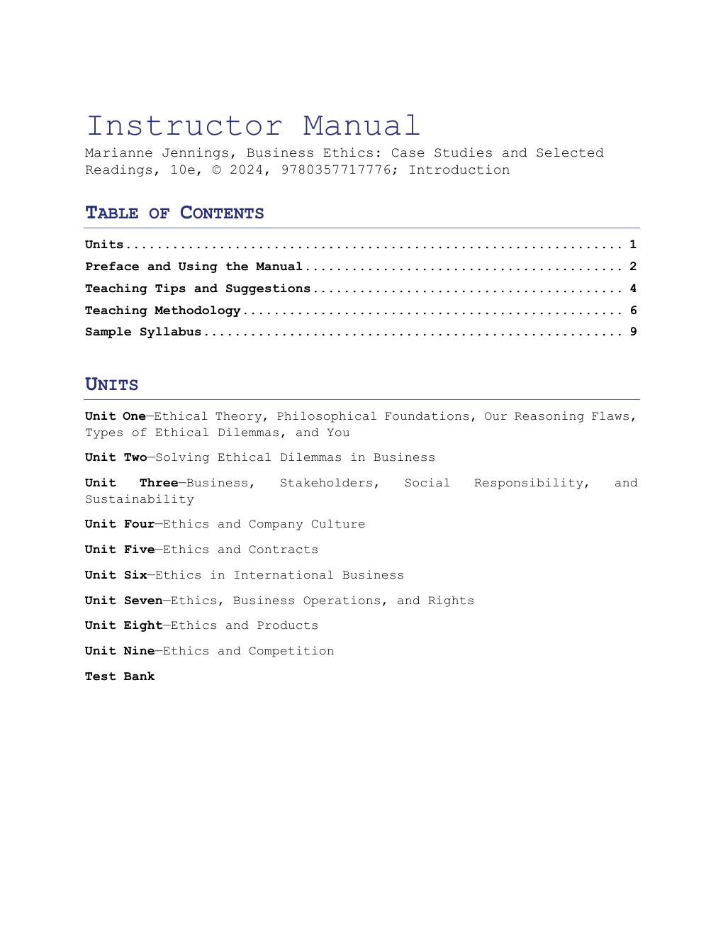 Preview page 2 of Solution Manual For Business Ethics,  Case Studies and Selected Readings,  10th Edition by Marianne M. Jennings All Chap