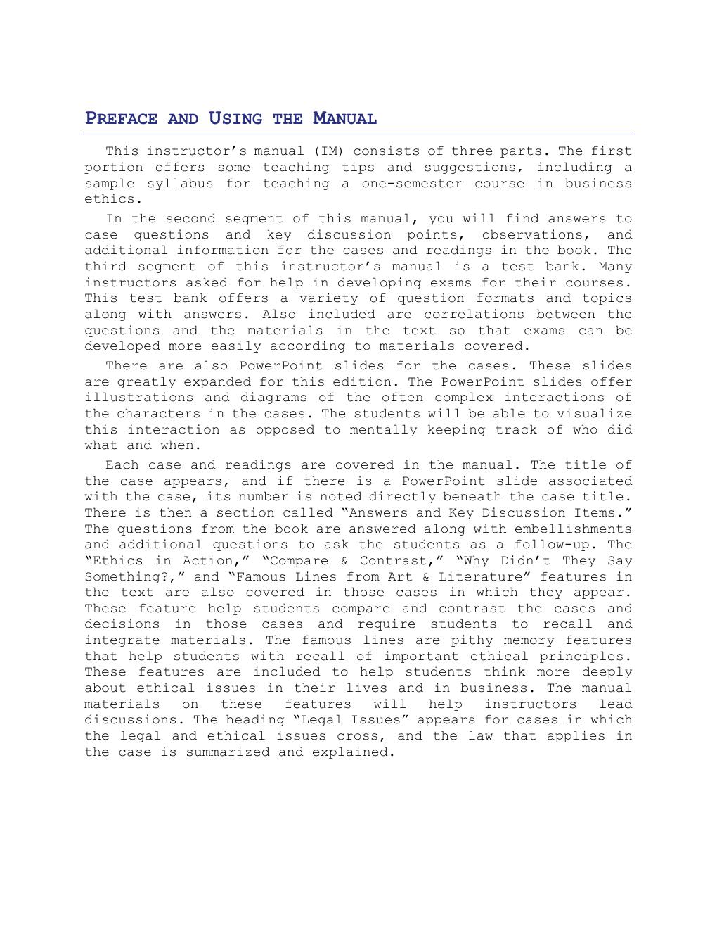 Preview page 3 of Solution Manual For Business Ethics,  Case Studies and Selected Readings,  10th Edition by Marianne M. Jennings All Chap