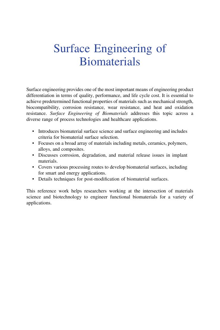 Preview page 2 of E book Surface Engineering of Biomaterials Synthesis and Processing Techniques (Emerging Materials and Technologies) 1st
