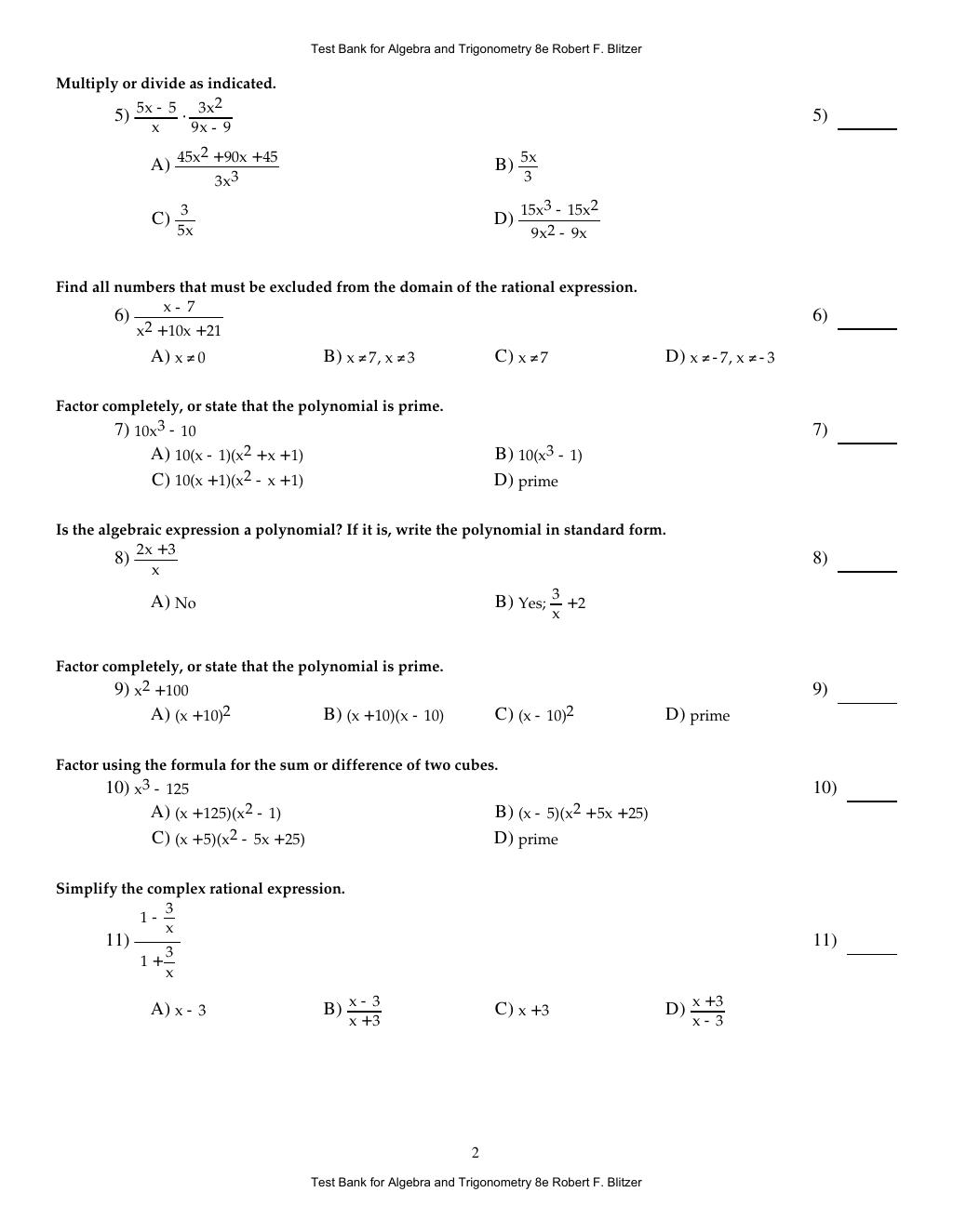 Preview page 6 of Algebra and Trigonometry 8th Edition By Robert F. Blitzer | Test Bank