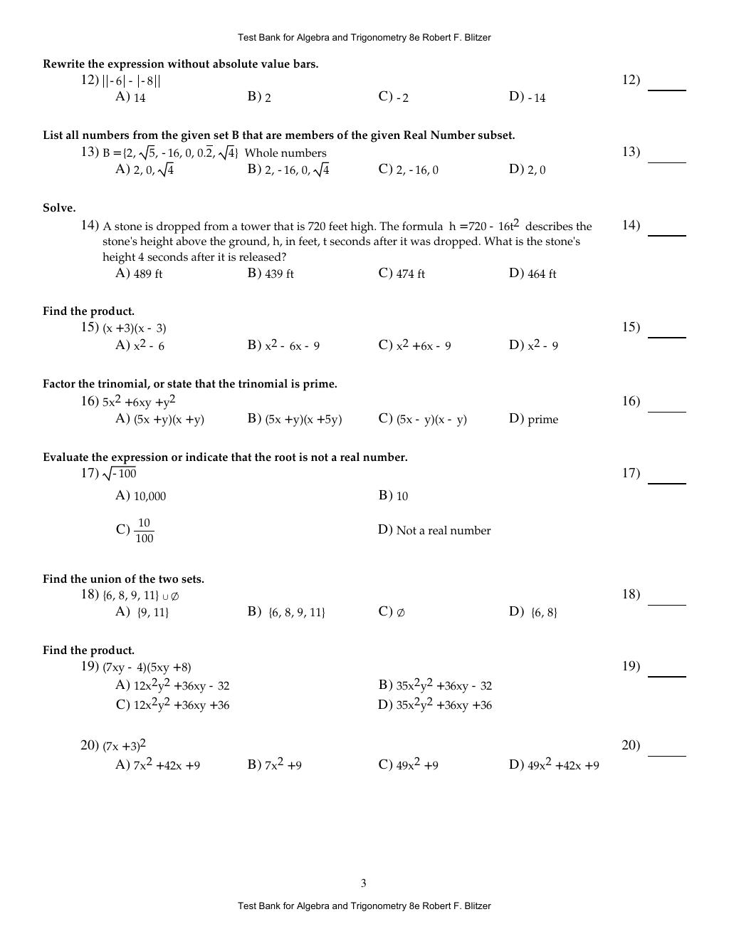 Preview page 7 of Algebra and Trigonometry 8th Edition By Robert F. Blitzer | Test Bank