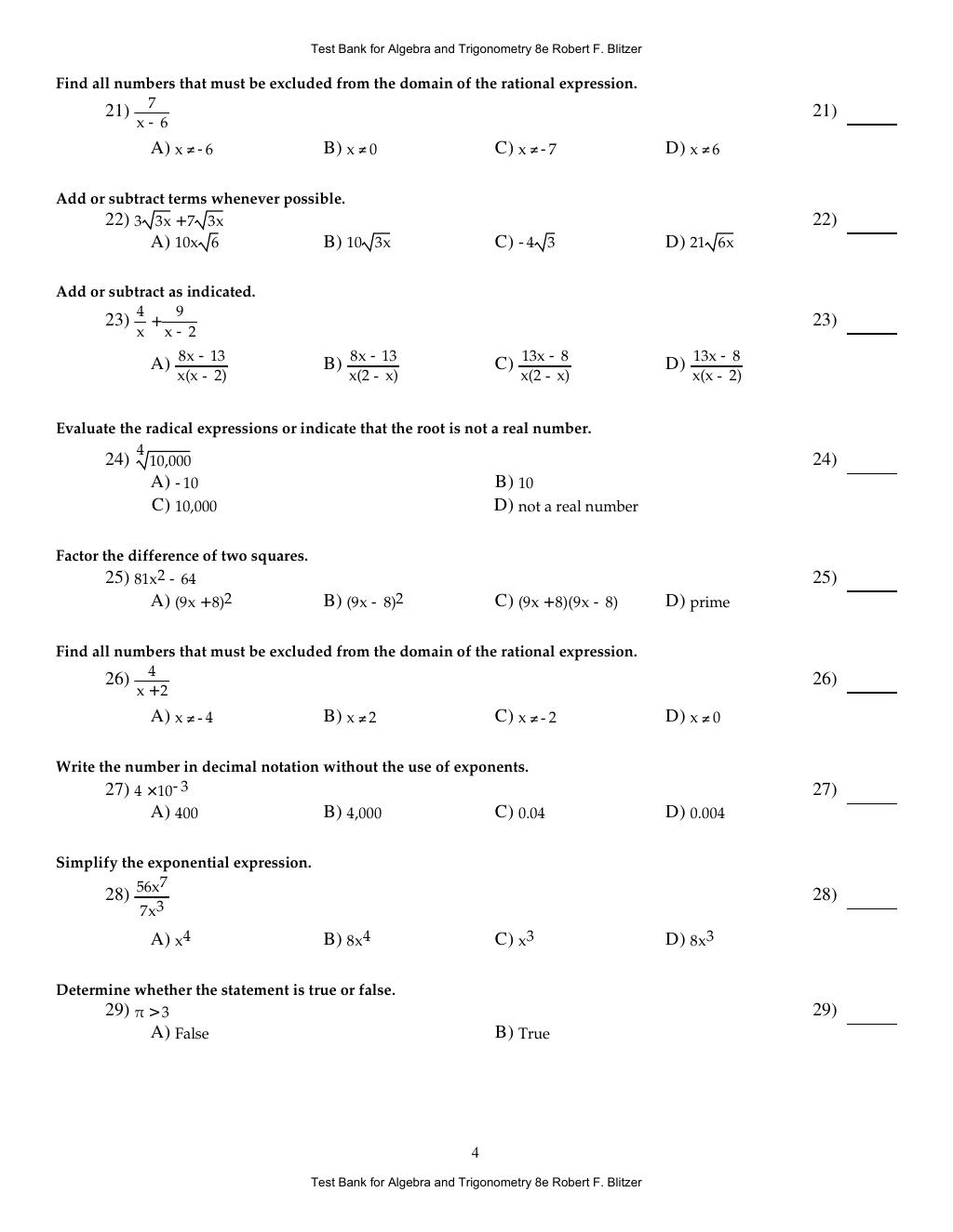 Preview page 8 of Algebra and Trigonometry 8th Edition By Robert F. Blitzer | Test Bank
