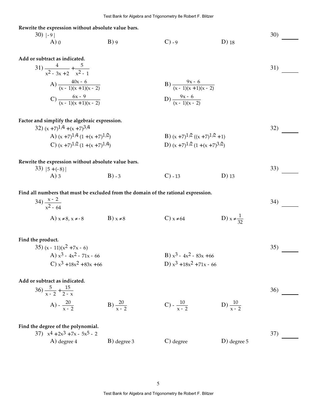 Preview page 9 of Algebra and Trigonometry 8th Edition By Robert F. Blitzer | Test Bank