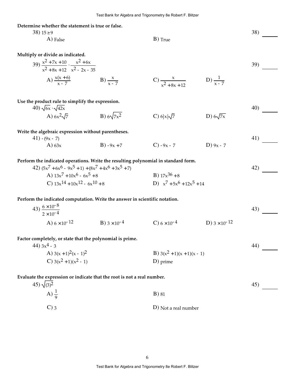 Preview page 10 of Algebra and Trigonometry 8th Edition By Robert F. Blitzer | Test Bank